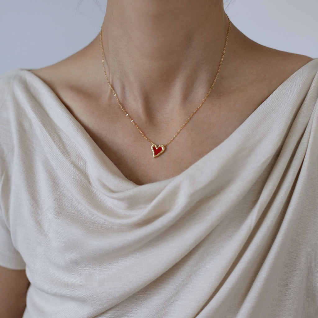 Enamel Heart Pendant Dainty Chain Necklace - Gold - 8
