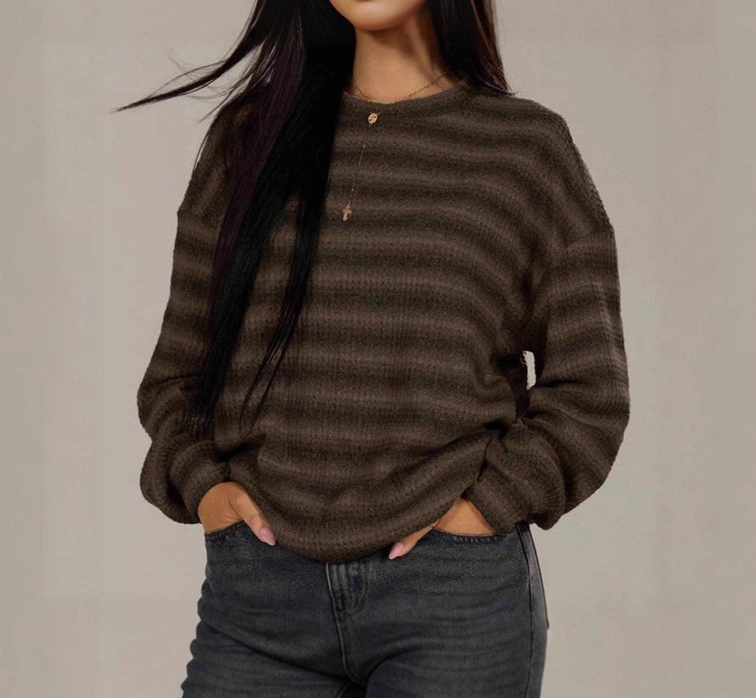 Tonal Stripe Crewneck Drop Shoulder Sweater - DarkGray