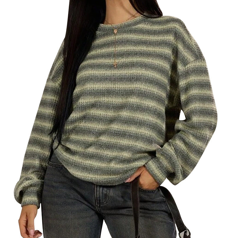 Tonal Stripe Crewneck Drop Shoulder Sweater - DarkGreen