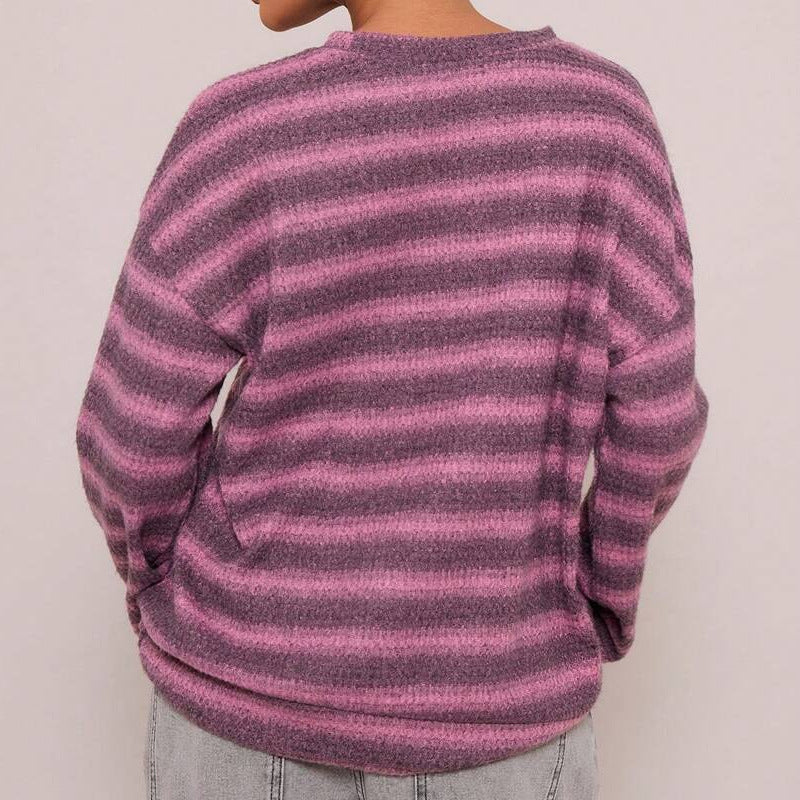 Tonal Stripe Crewneck Drop Shoulder Sweater - DarkViolet