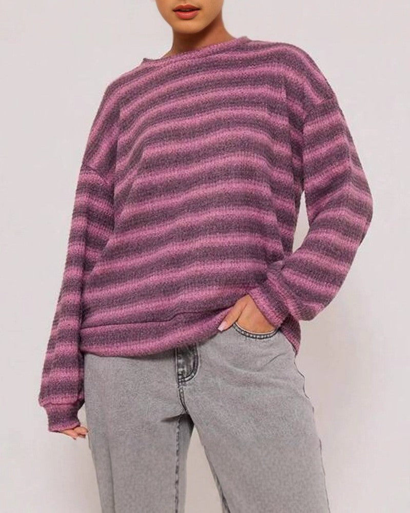 Tonal Stripe Crewneck Drop Shoulder Sweater