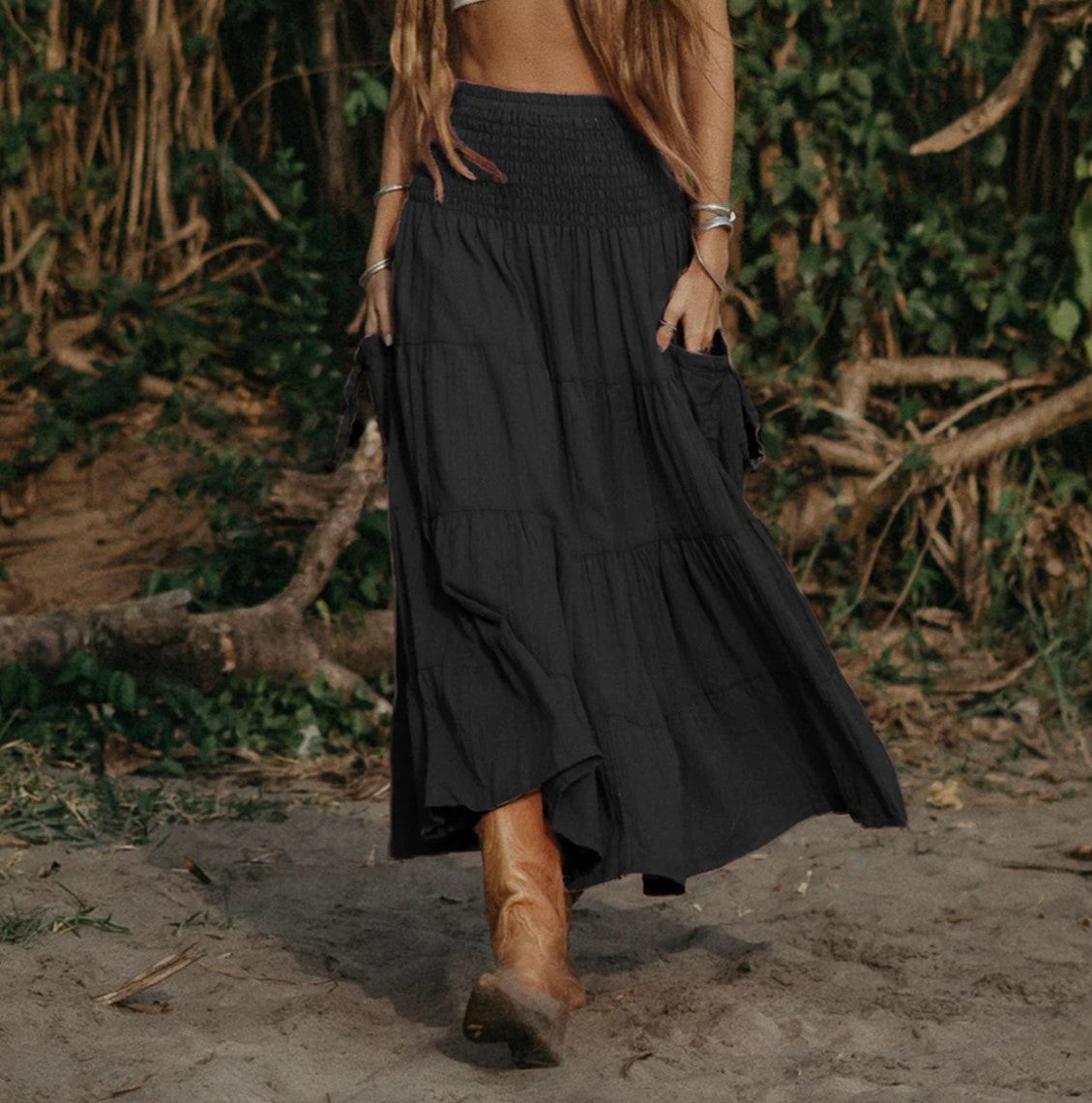 Smocked Waist Tiered Boho Maxi Skirt - Black