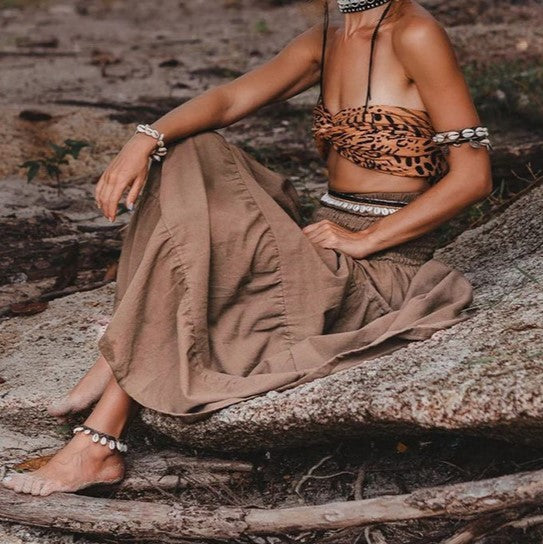 Smocked Waist Tiered Boho Maxi Skirt - Brown