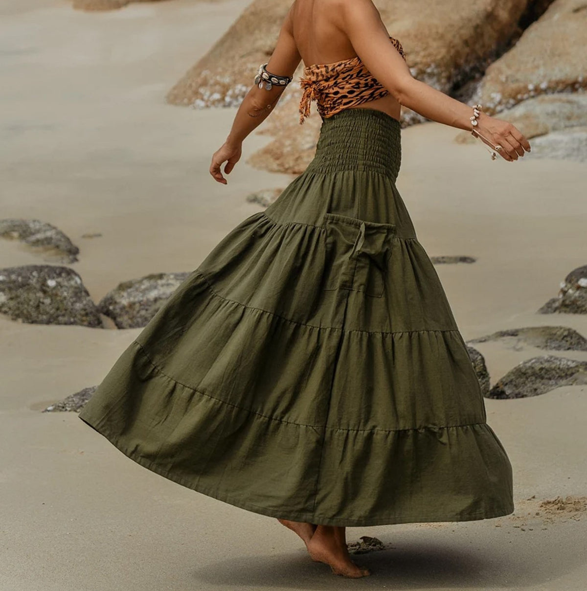 Smocked Waist Tiered Boho Maxi Skirt - Green