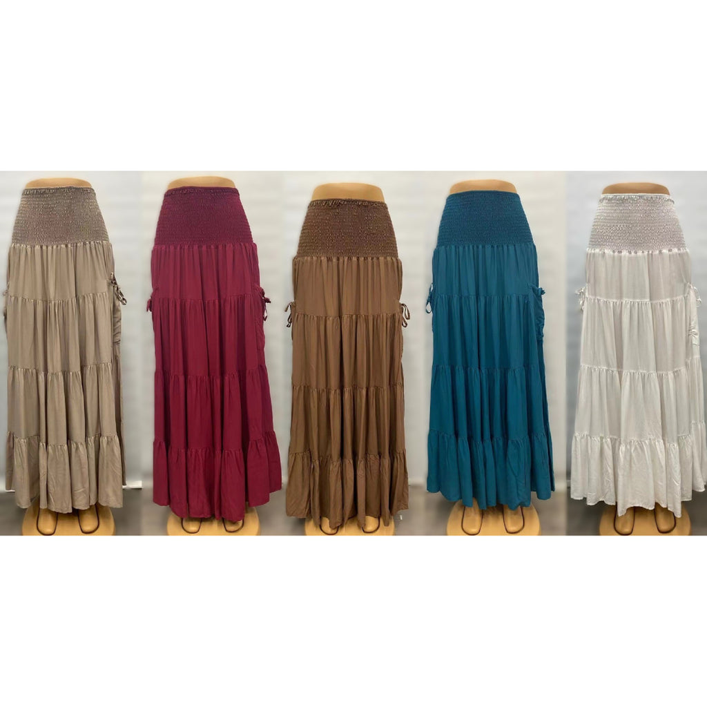 Smocked Waist Tiered Boho Maxi Skirt - Green - 1