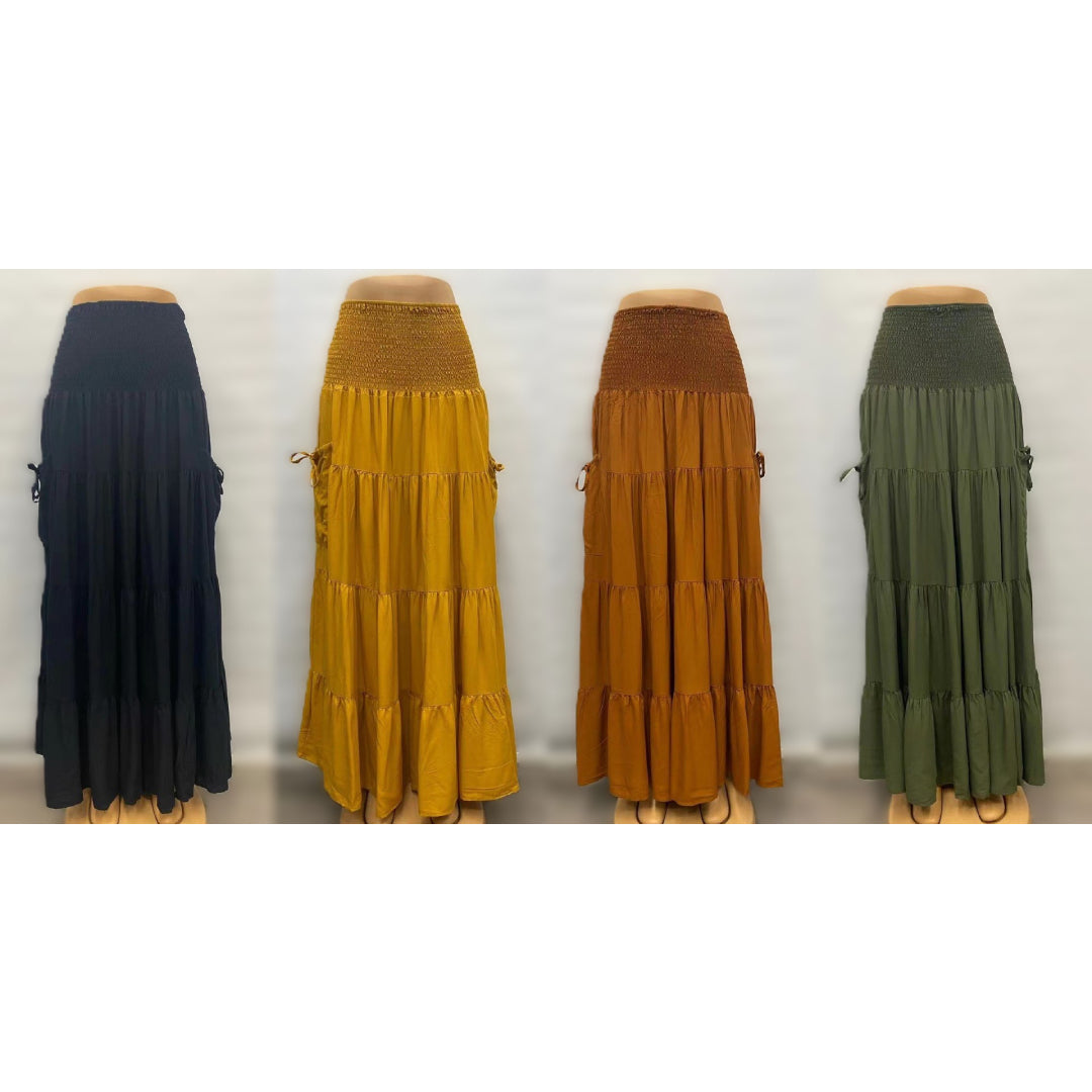Smocked Waist Tiered Boho Maxi Skirt - Green - 2