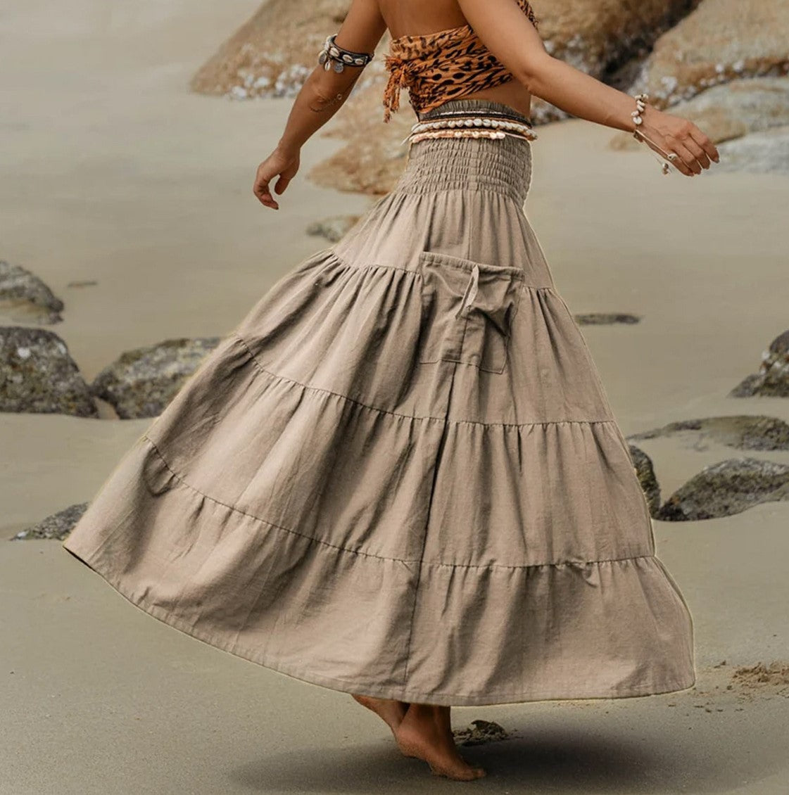 Smocked Waist Tiered Boho Maxi Skirt - Khaki