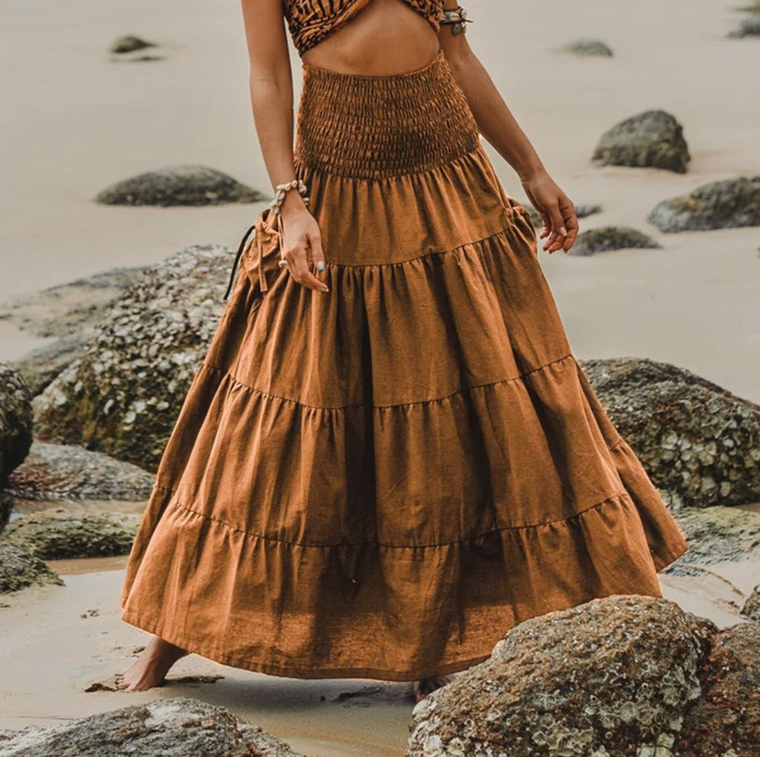 Smocked Waist Tiered Boho Maxi Skirt - Orange