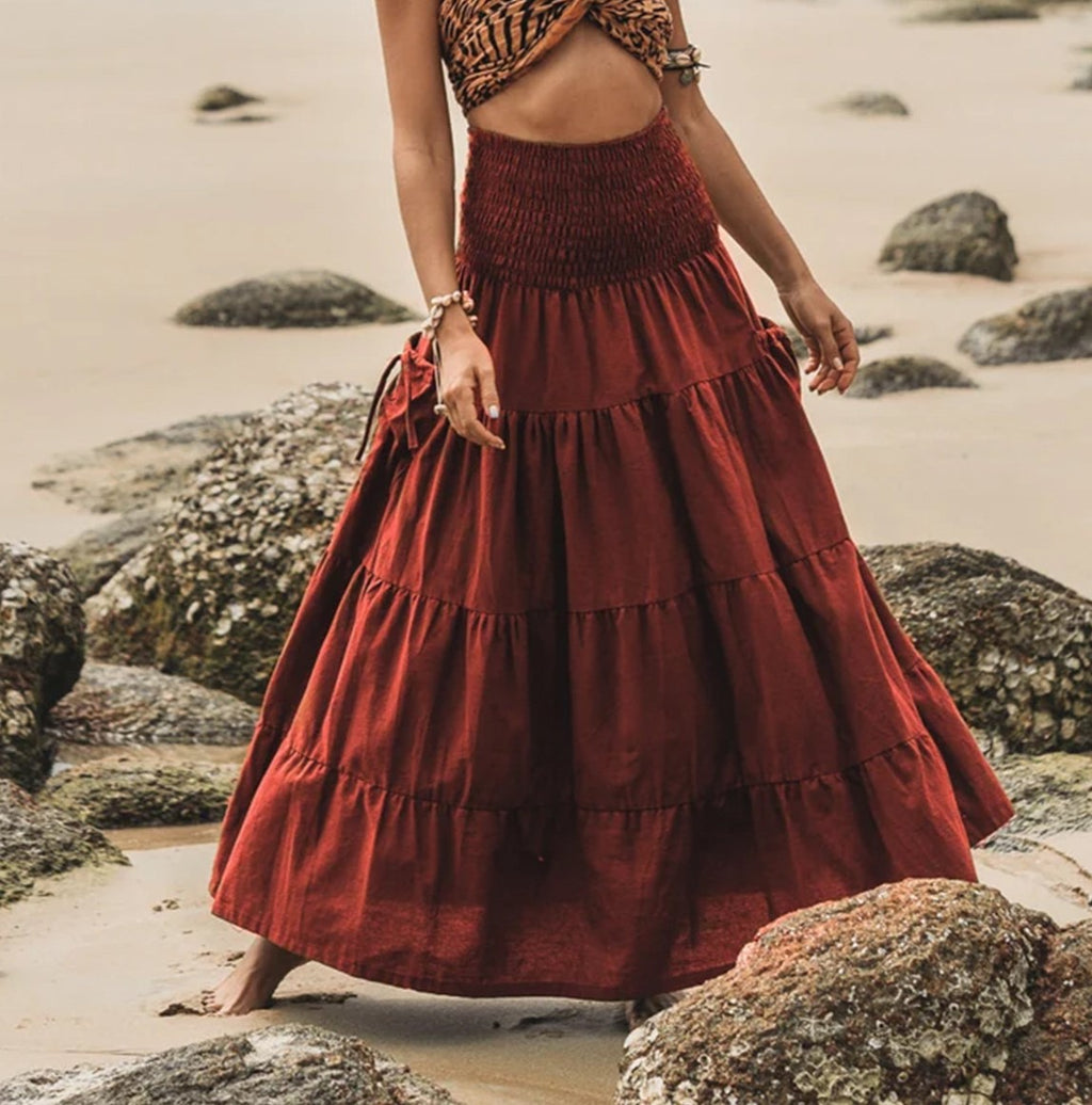 Smocked Waist Tiered Boho Maxi Skirt - Red
