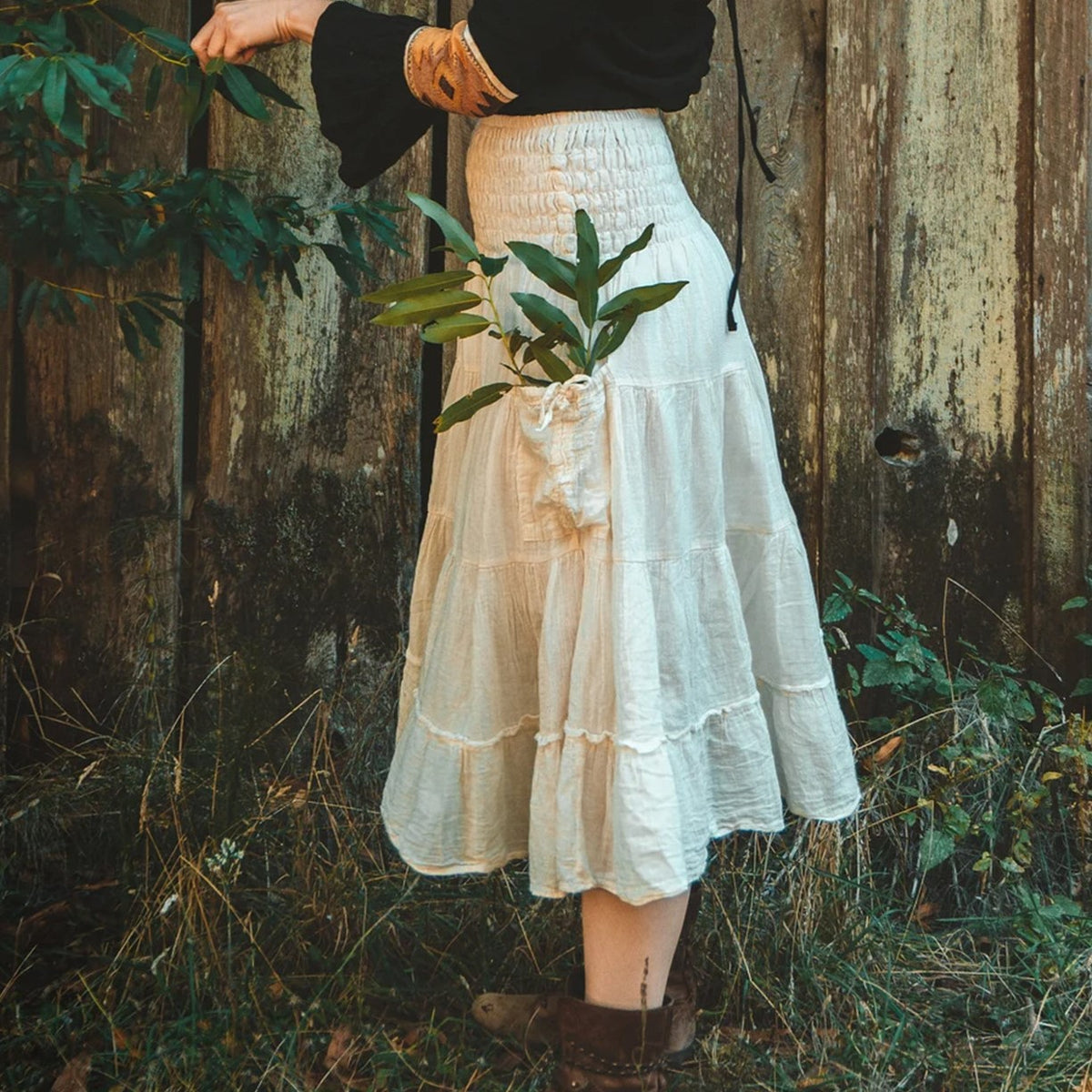 Smocked Waist Tiered Boho Maxi Skirt - White