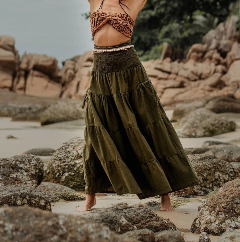 Smocked Waist Tiered Boho Maxi Skirt
