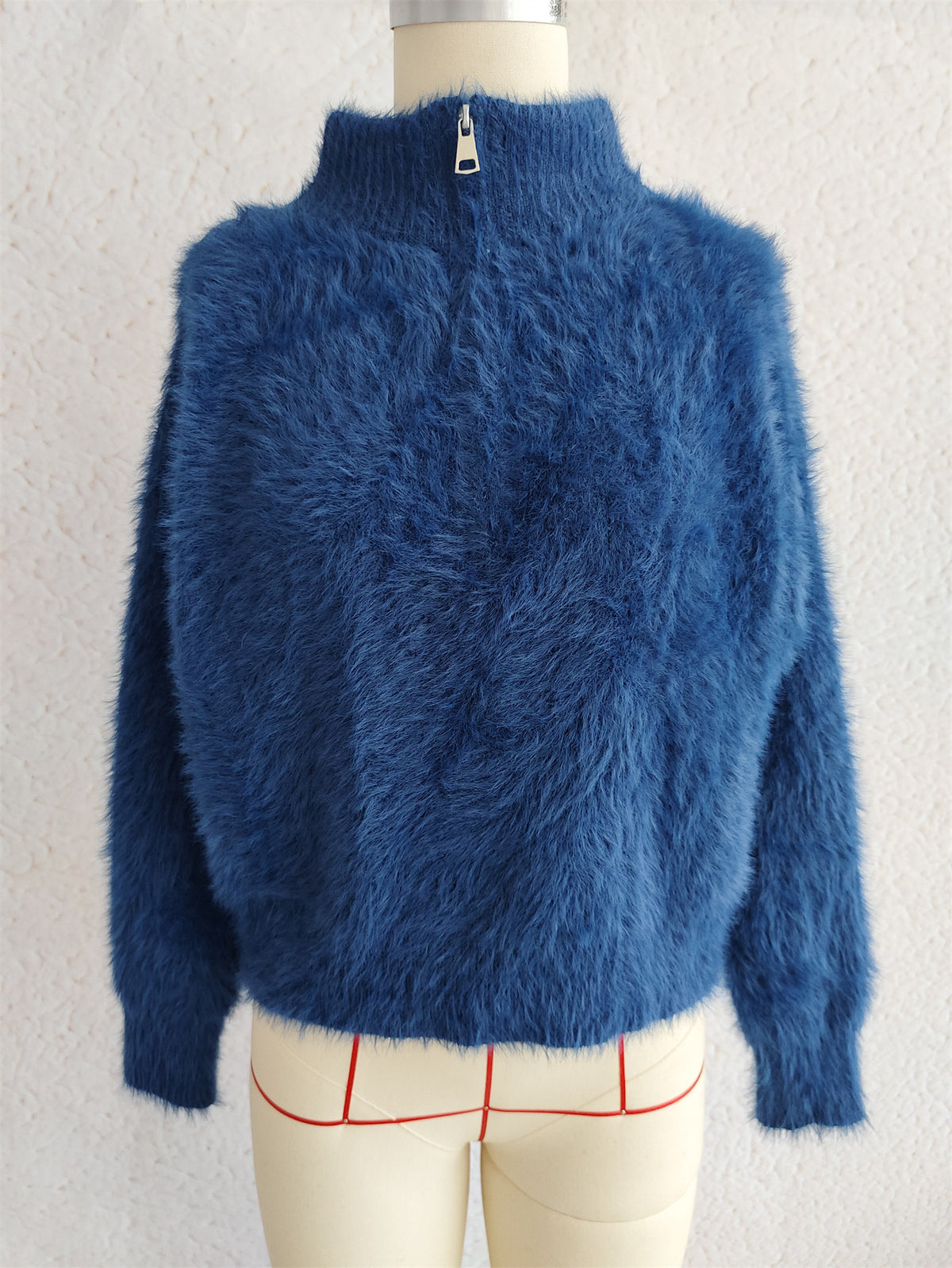 Fuzzy Eyelash Knit Quarter Zip Sweater - blue