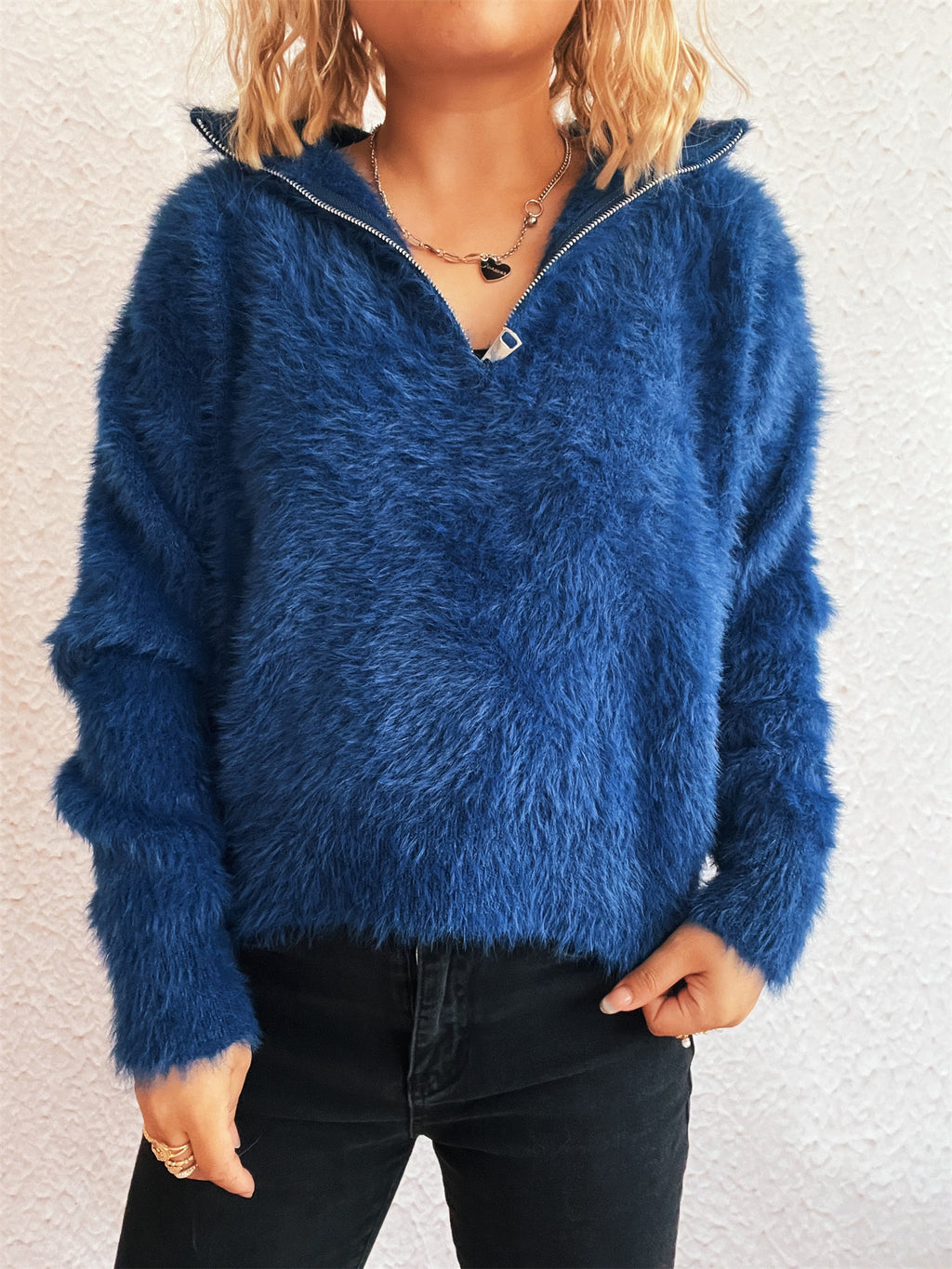 Fuzzy Eyelash Knit Quarter Zip Sweater - blue - 2