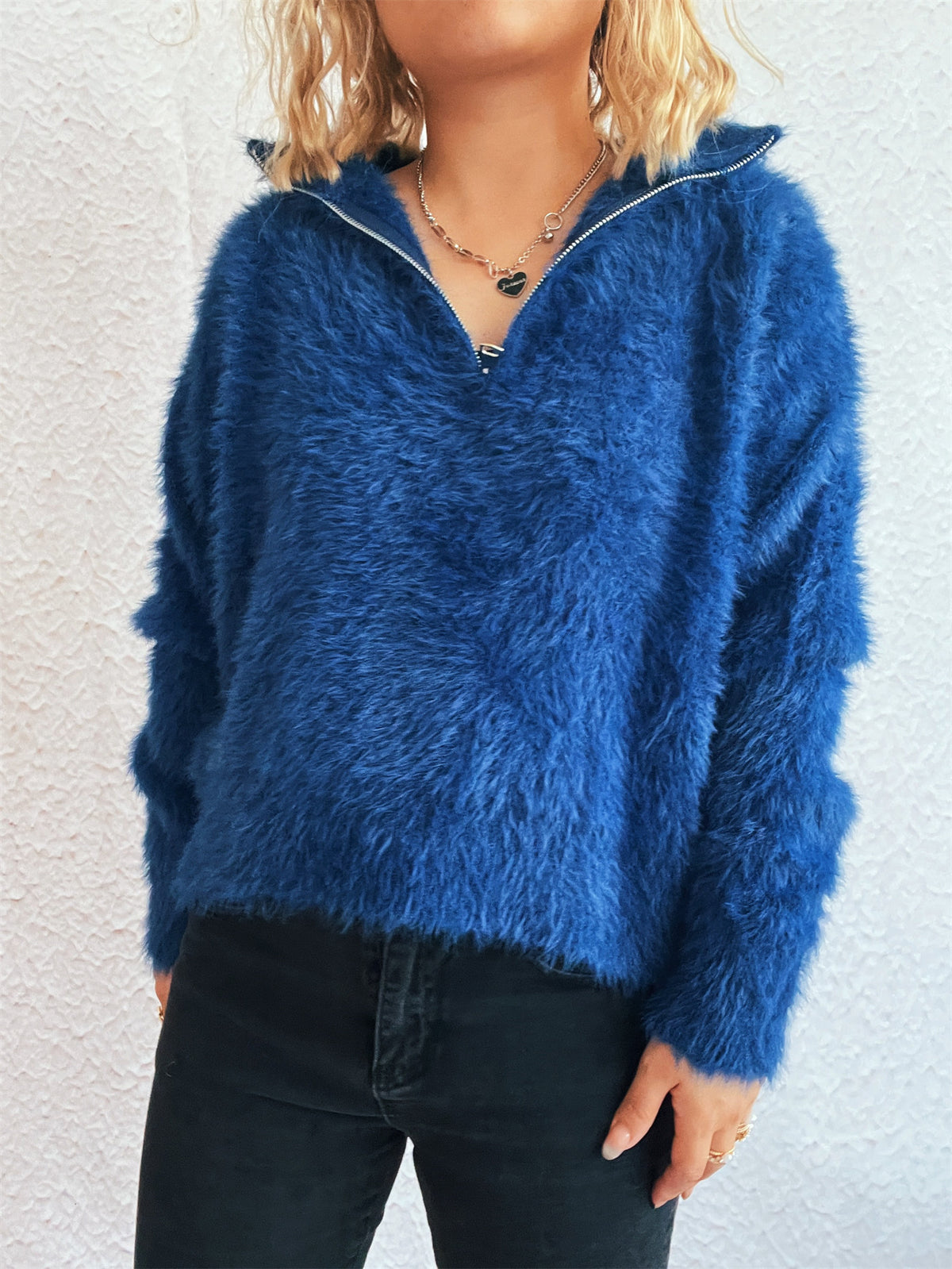 Fuzzy Eyelash Knit Quarter Zip Sweater - blue - 3