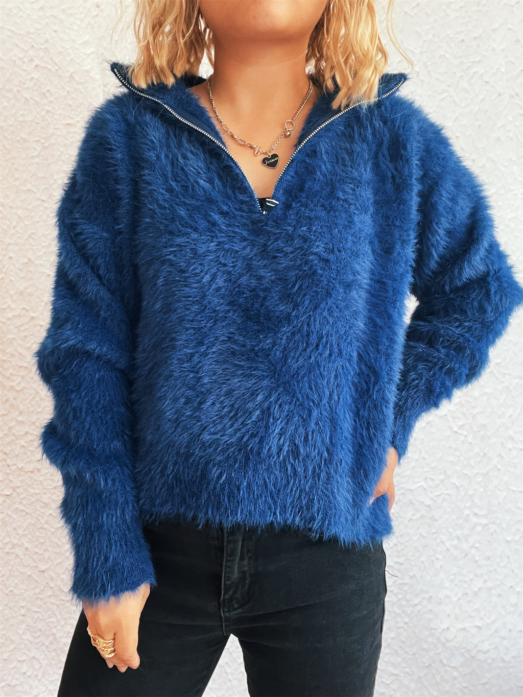 Fuzzy Eyelash Knit Quarter Zip Sweater - blue - 4