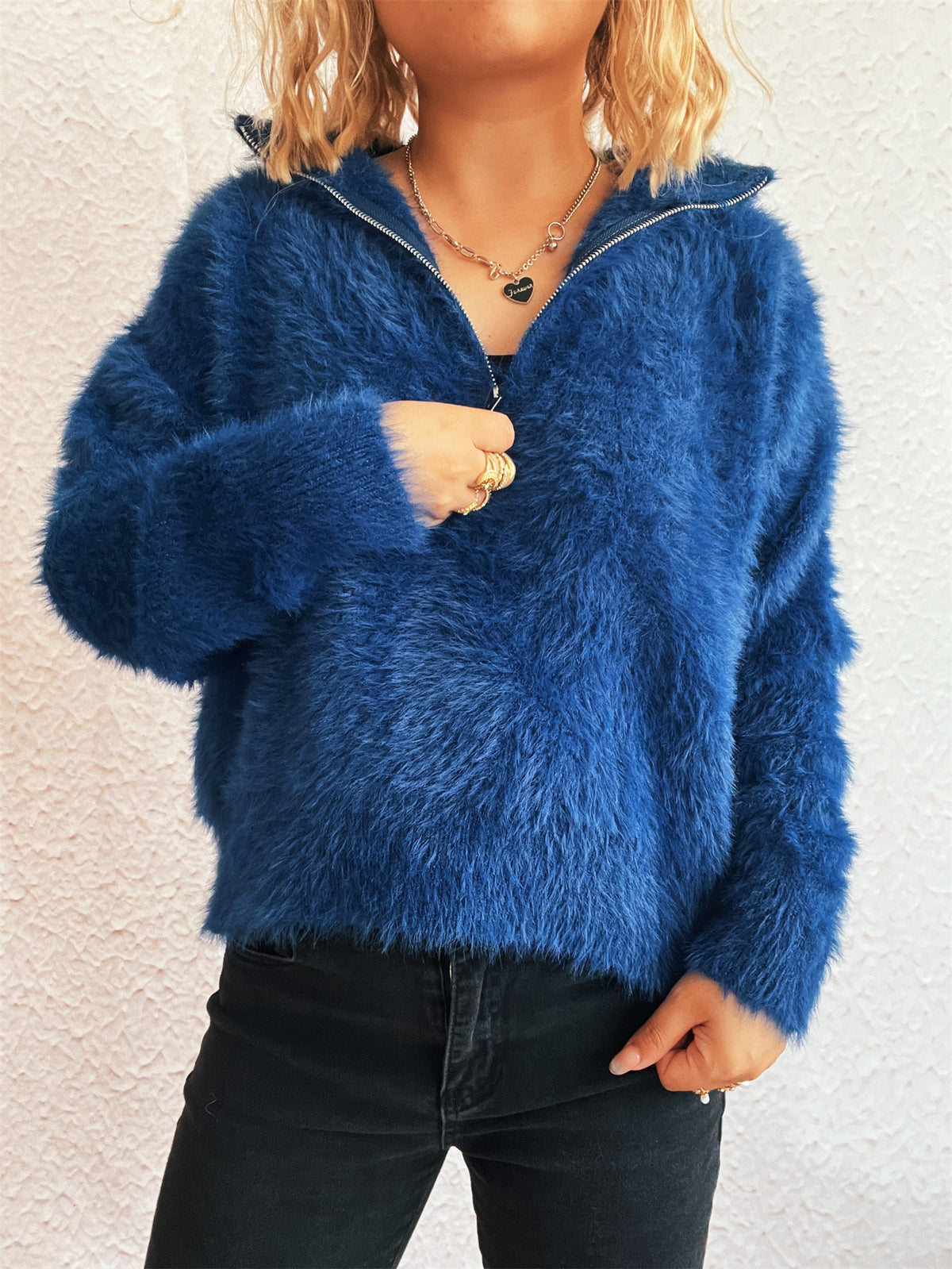 Fuzzy Eyelash Knit Quarter Zip Sweater - blue - 5