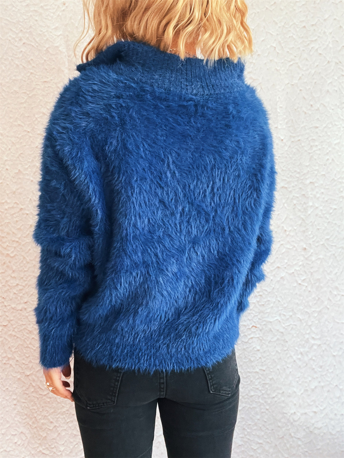Fuzzy Eyelash Knit Quarter Zip Sweater - blue - 6