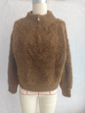 Fuzzy Eyelash Knit Quarter Zip Sweater - brown