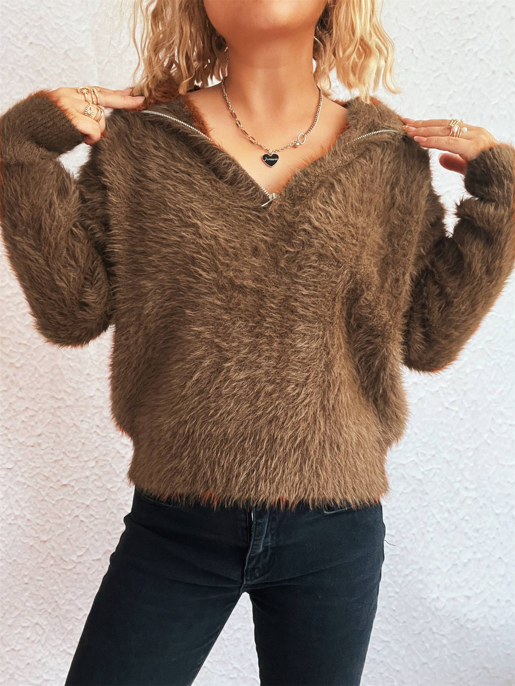 Fuzzy Eyelash Knit Quarter Zip Sweater - brown - 2