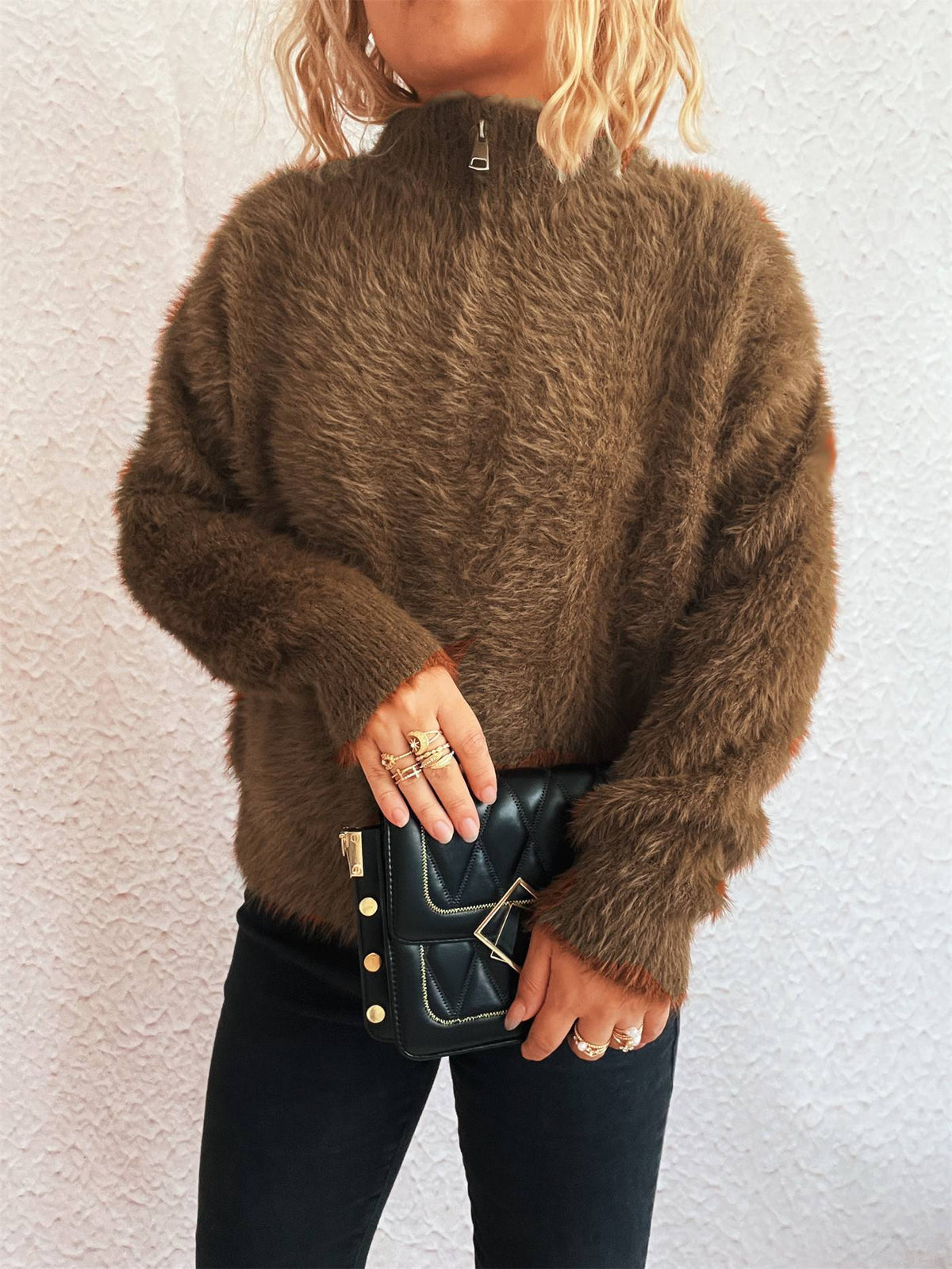 Fuzzy Eyelash Knit Quarter Zip Sweater - brown - 3