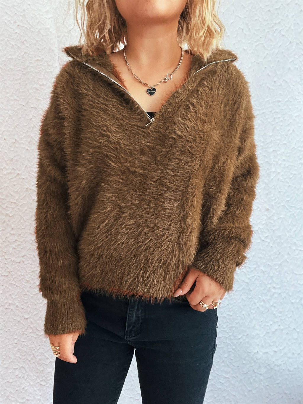 Fuzzy Eyelash Knit Quarter Zip Sweater - brown - 4