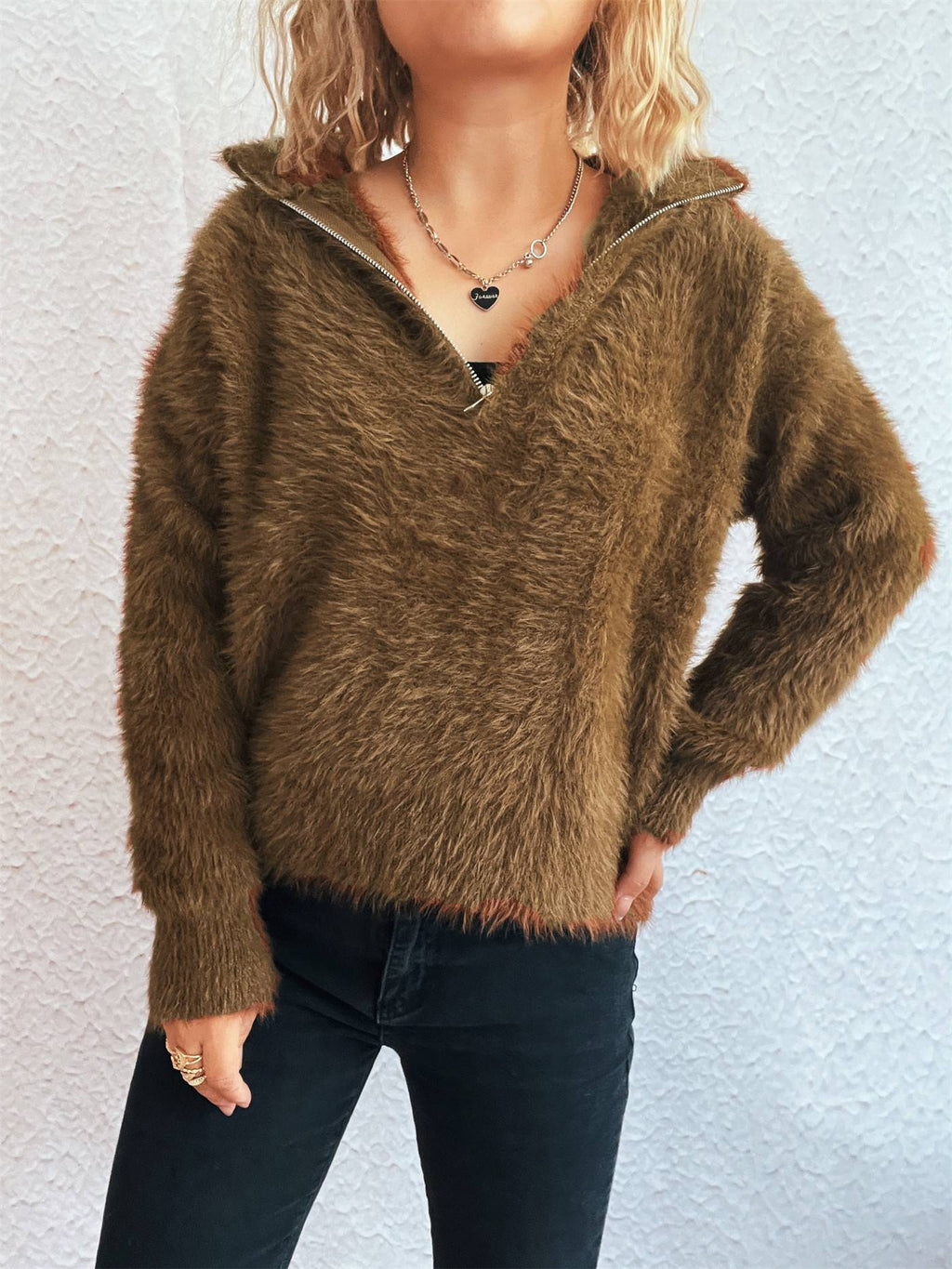 Fuzzy Eyelash Knit Quarter Zip Sweater - brown - 5