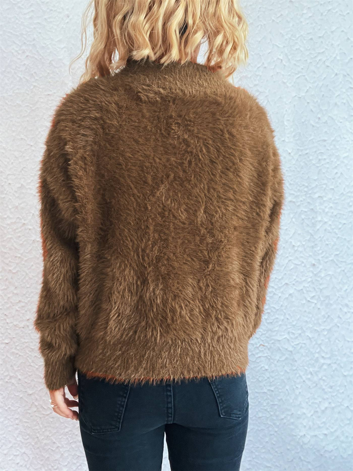 Fuzzy Eyelash Knit Quarter Zip Sweater - brown - 6