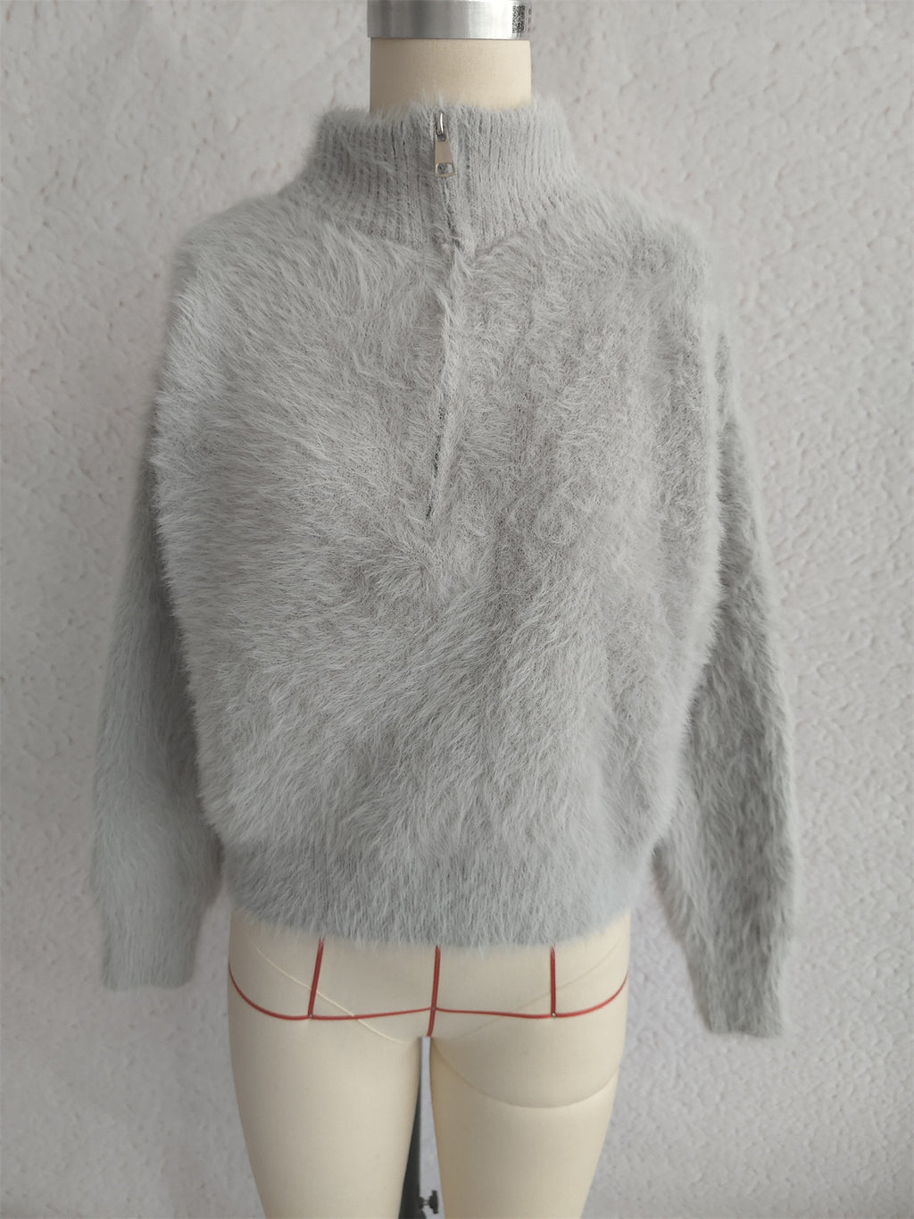 Fuzzy Eyelash Knit Quarter Zip Sweater - grey