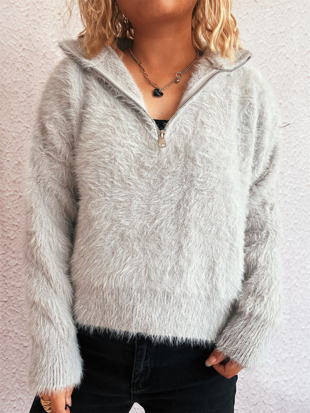 Fuzzy Eyelash Knit Quarter Zip Sweater - grey - 2