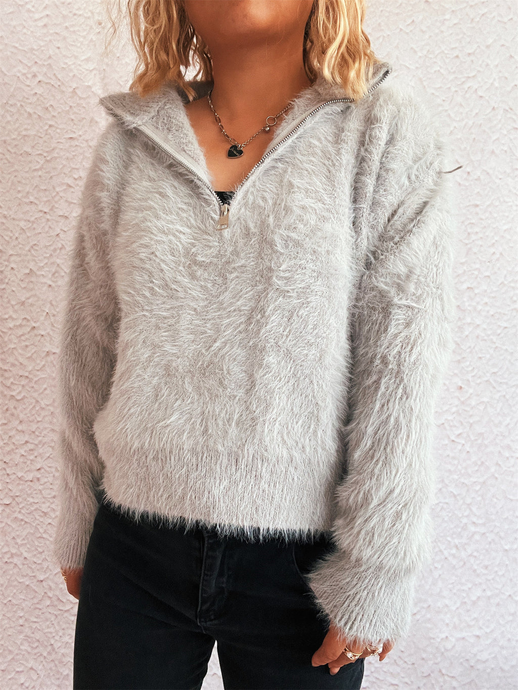 Fuzzy Eyelash Knit Quarter Zip Sweater - grey - 4