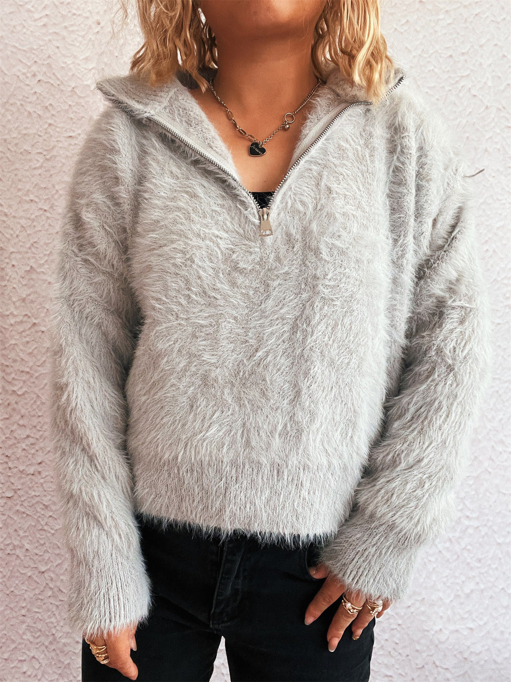 Fuzzy Eyelash Knit Quarter Zip Sweater - grey - 5