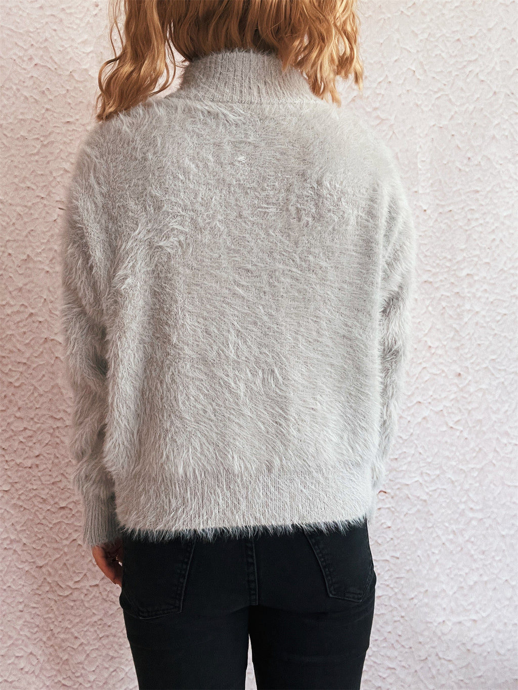 Fuzzy Eyelash Knit Quarter Zip Sweater - grey - 6