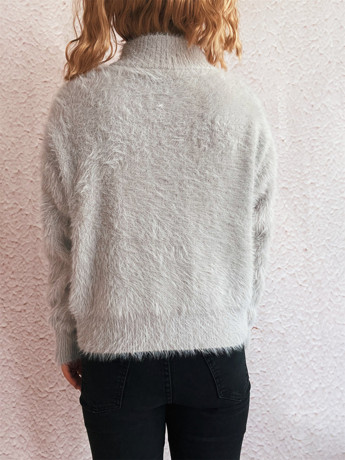 Fuzzy Eyelash Knit Quarter Zip Sweater - grey - 6