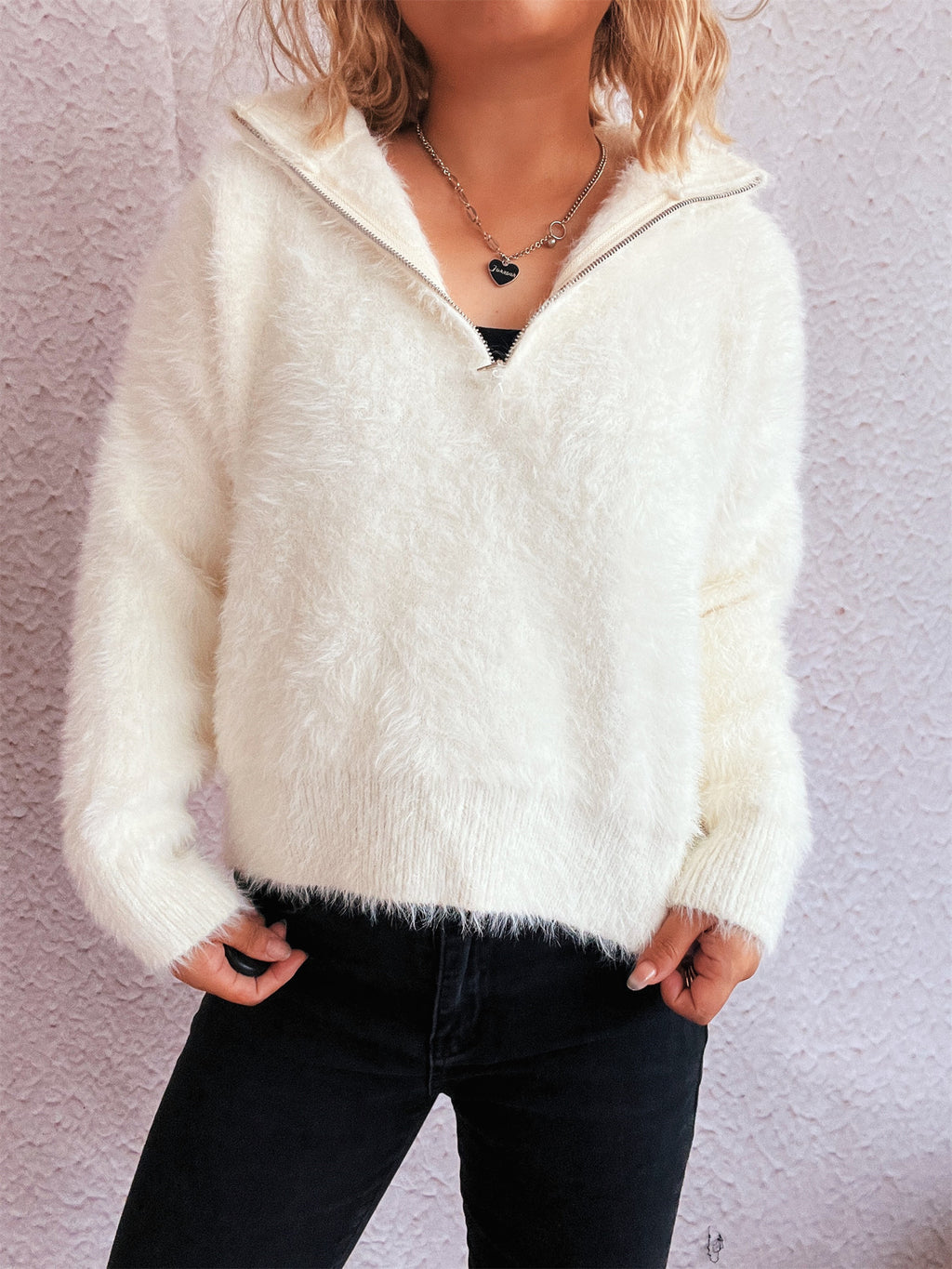 Fuzzy Eyelash Knit Quarter Zip Sweater - white