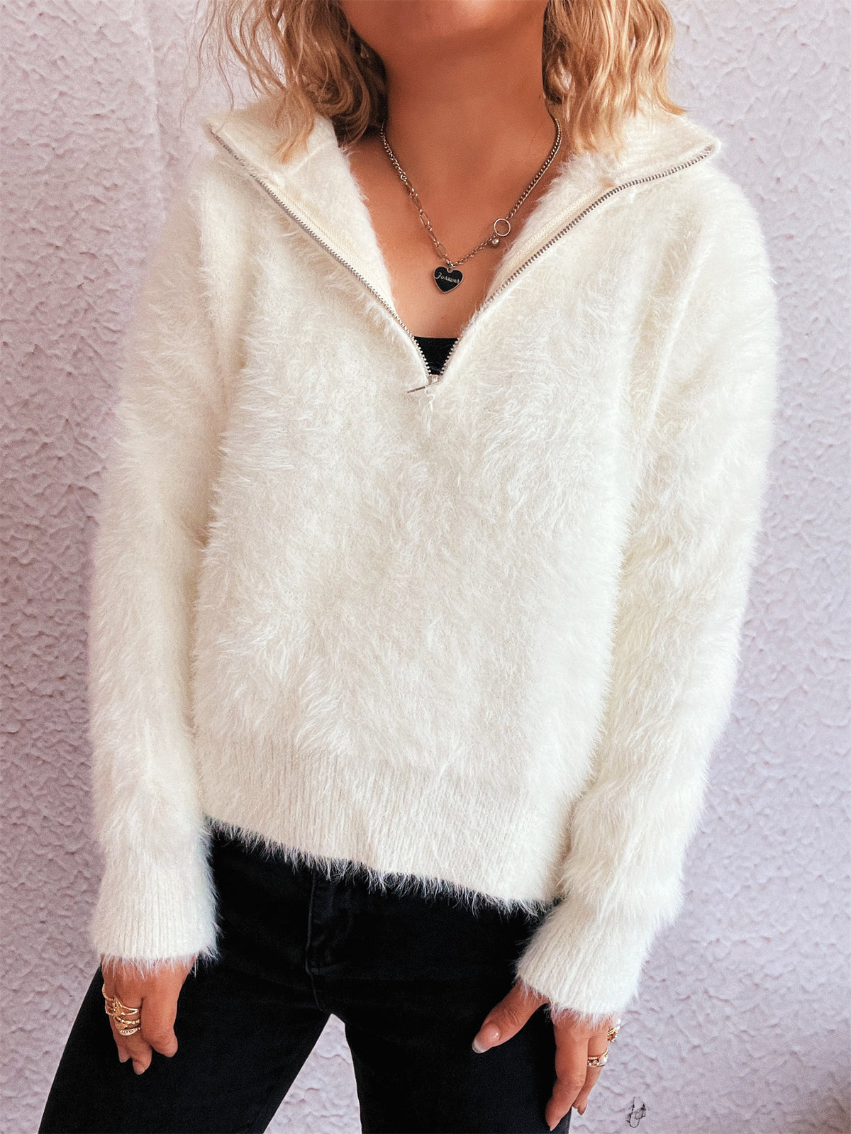 Fuzzy Eyelash Knit Quarter Zip Sweater - white - 1