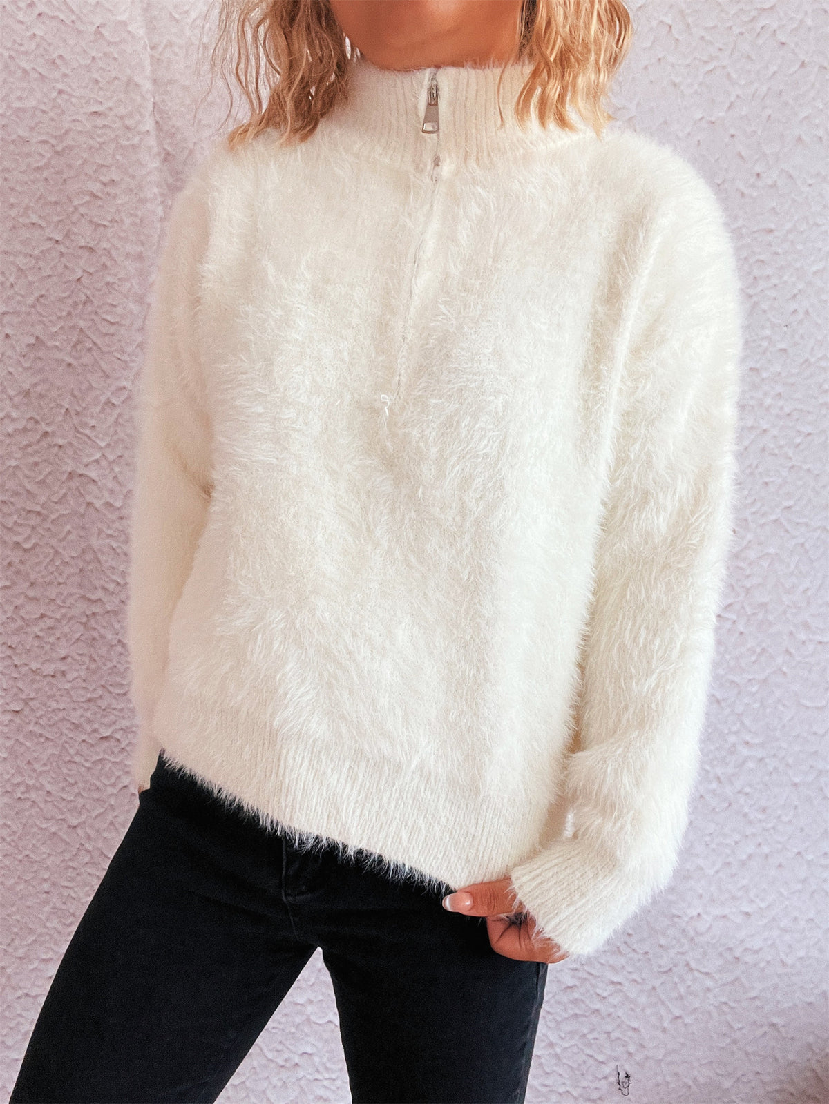 Fuzzy Eyelash Knit Quarter Zip Sweater - white - 2