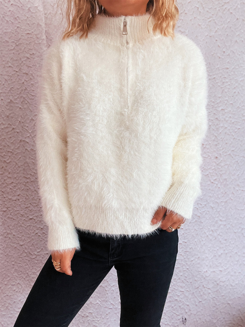 Fuzzy Eyelash Knit Quarter Zip Sweater - white - 3