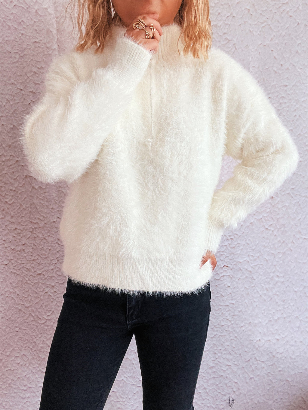 Fuzzy Eyelash Knit Quarter Zip Sweater - white - 4