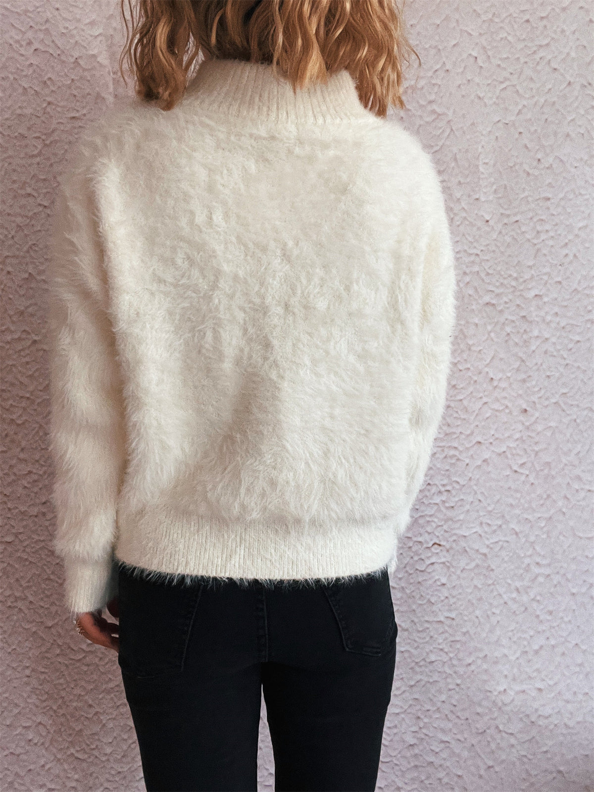 Fuzzy Eyelash Knit Quarter Zip Sweater - white - 5