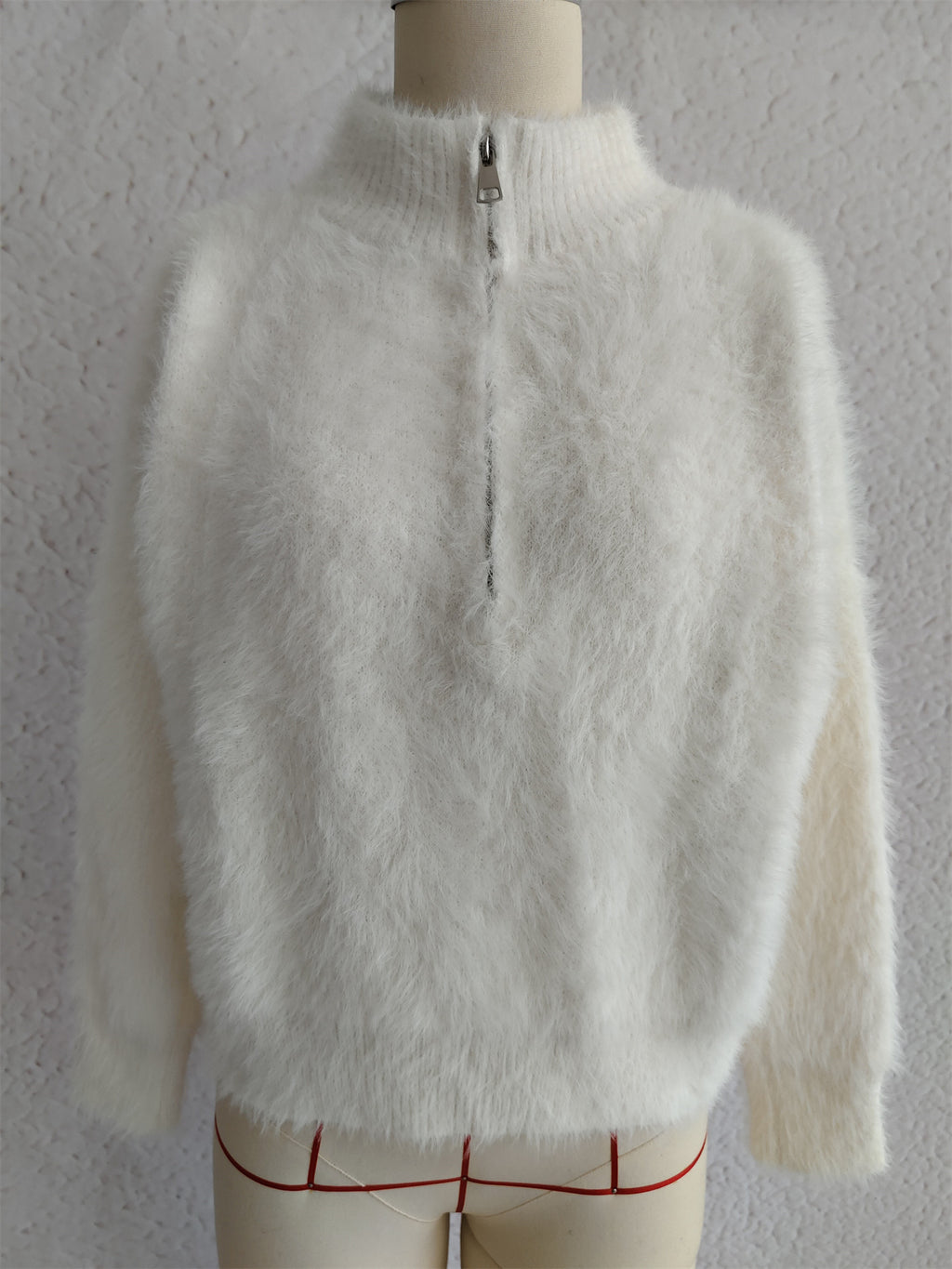 Fuzzy Eyelash Knit Quarter Zip Sweater - white - 6
