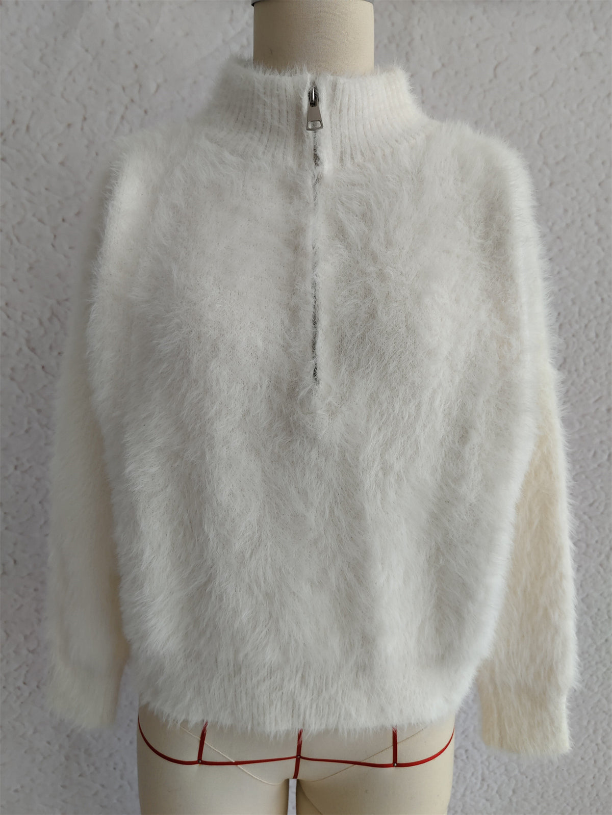 Fuzzy Eyelash Knit Quarter Zip Sweater - white - 6