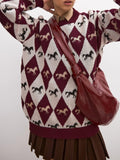 Argyle Horse Jacquard Oversized Knit Sweater - Burgundy