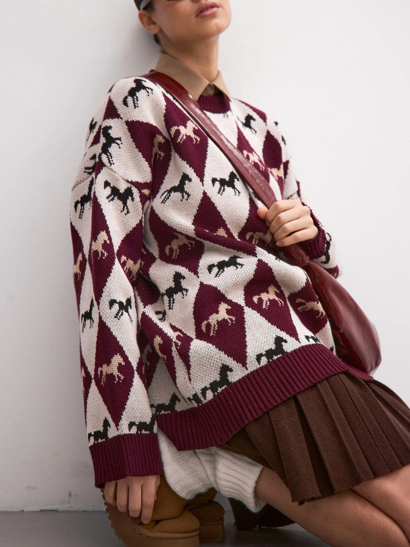 Argyle Horse Jacquard Oversized Knit Sweater - Burgundy - 1