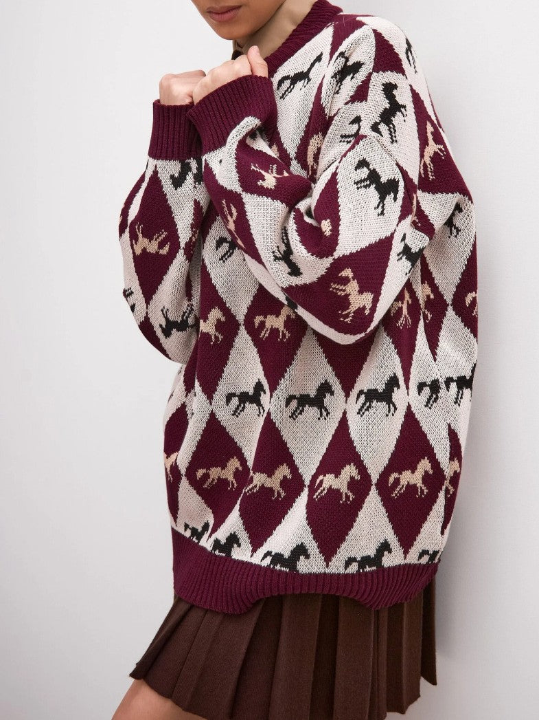 Argyle Horse Jacquard Oversized Knit Sweater - Burgundy - 2