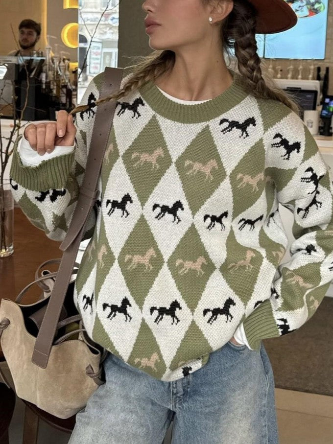 Argyle Horse Jacquard Oversized Knit Sweater - Green