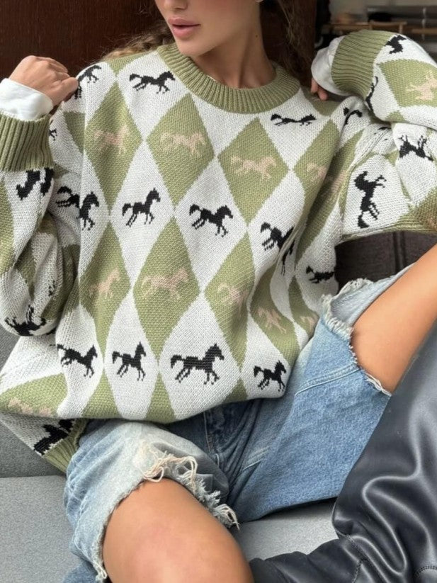 Argyle Horse Jacquard Oversized Knit Sweater - Green - 1