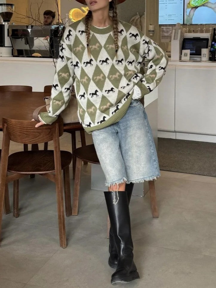 Argyle Horse Jacquard Oversized Knit Sweater - Green - 2