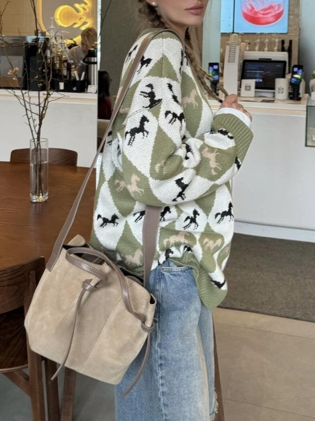 Argyle Horse Jacquard Oversized Knit Sweater - Green - 3
