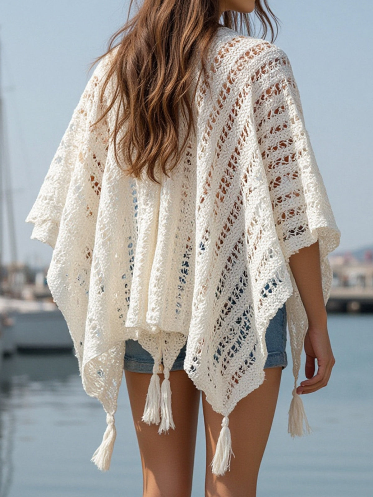 Crochet Tassel Poncho Swim Cover Up - Apricot - 1