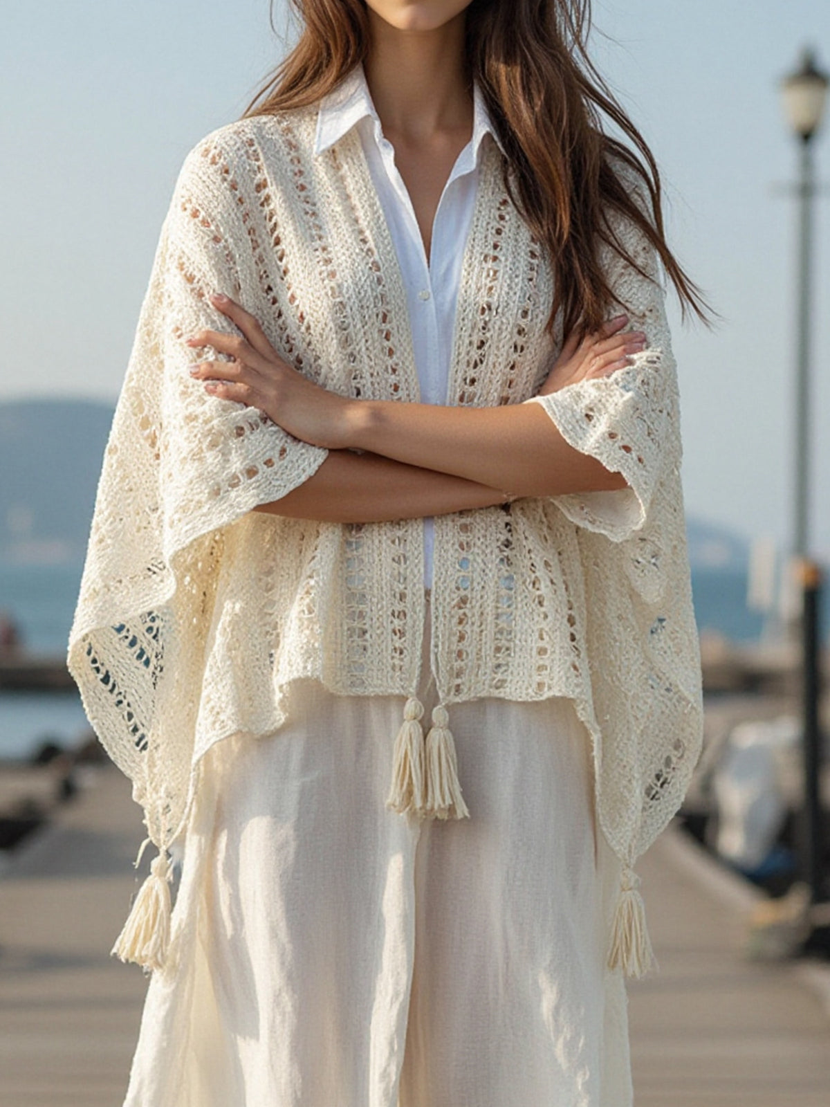 Crochet Tassel Poncho Swim Cover Up - Apricot - 2
